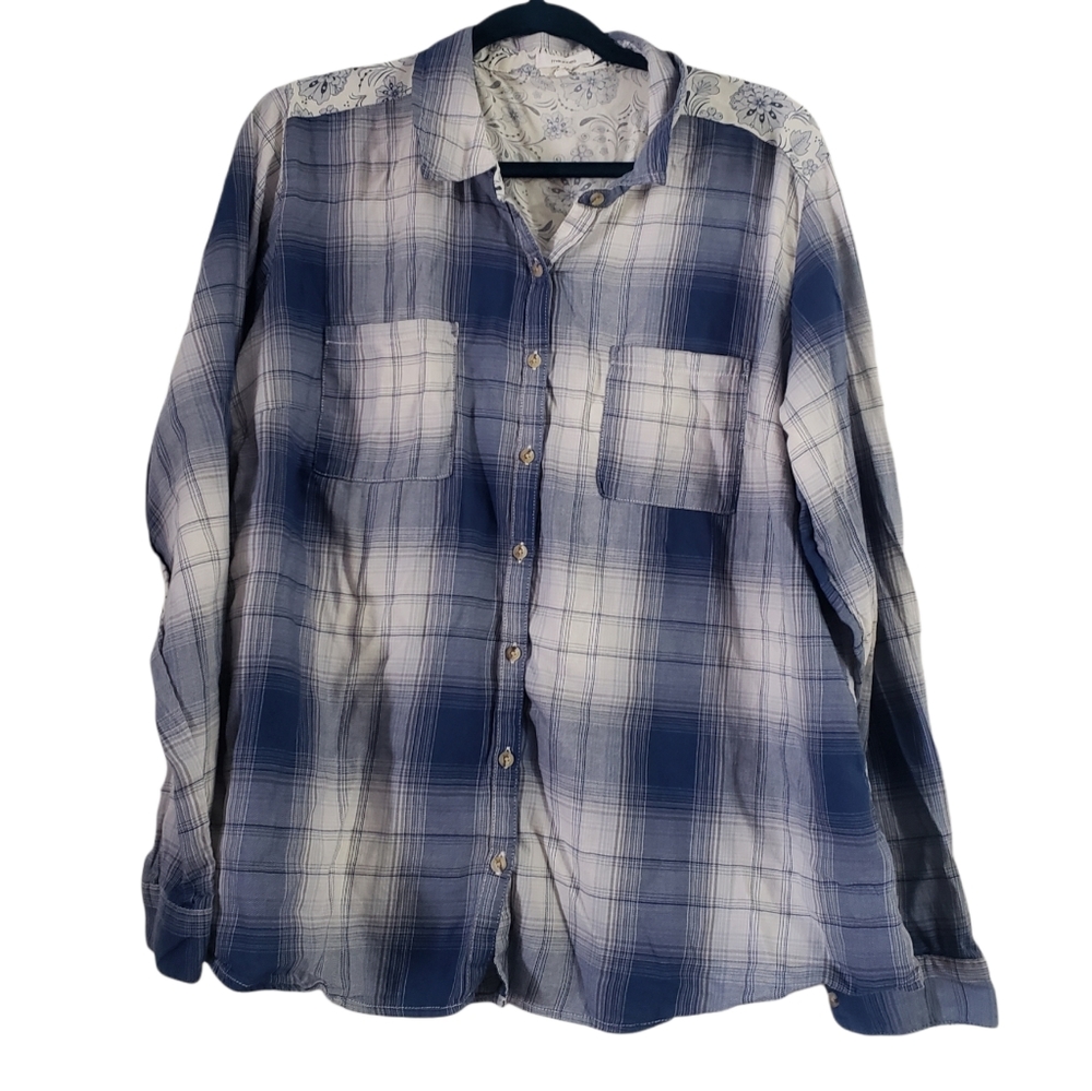 Maurices Blue White Plaid Floral Long Sleeve Button Down Shirt XXL Womens